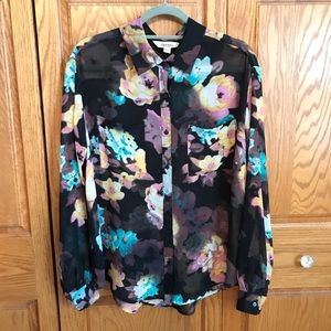 Decree Floral Sheer Collared Button Down Blouse